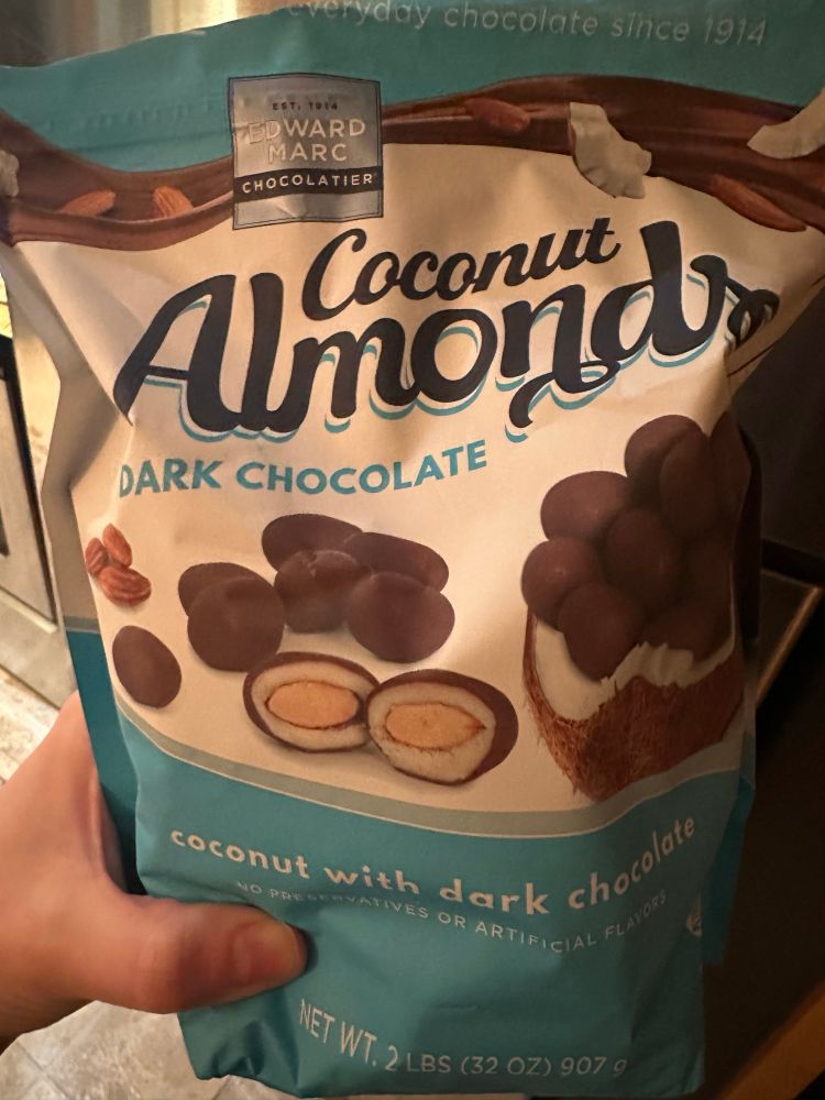 Bag of coconut dark chocolate almonds