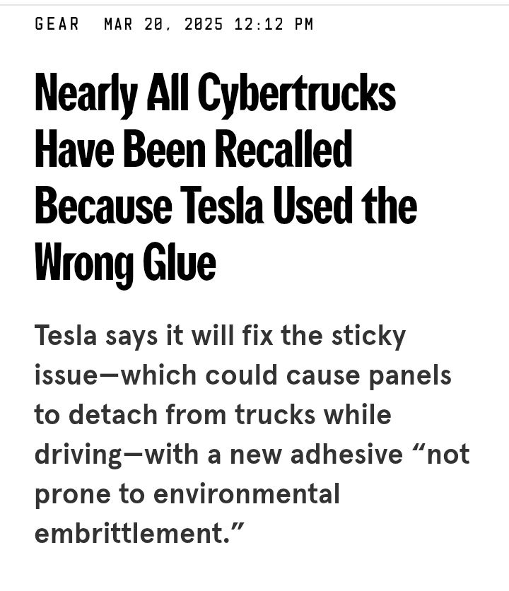 Titular de Wire: Casi todos los Cybertrucks han sido retirados porque en Tesla han usado el pegamento equivocado. 