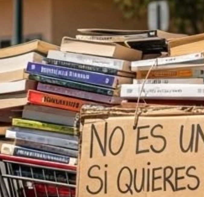 Zoom de los libros del carrito del señor artificial: todos los títulos son indescifrables. 