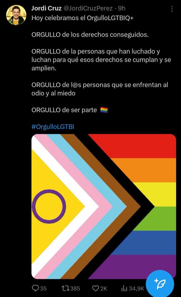 Tuit de Jordi Cruz Pérez celebrando el día del orgullo y con una imagen de la bandera LGTBIQ+