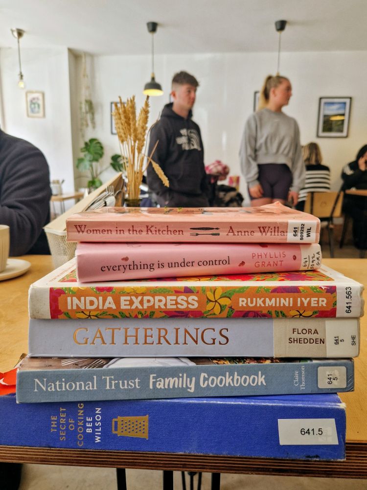 A pile of cookbooks from the library