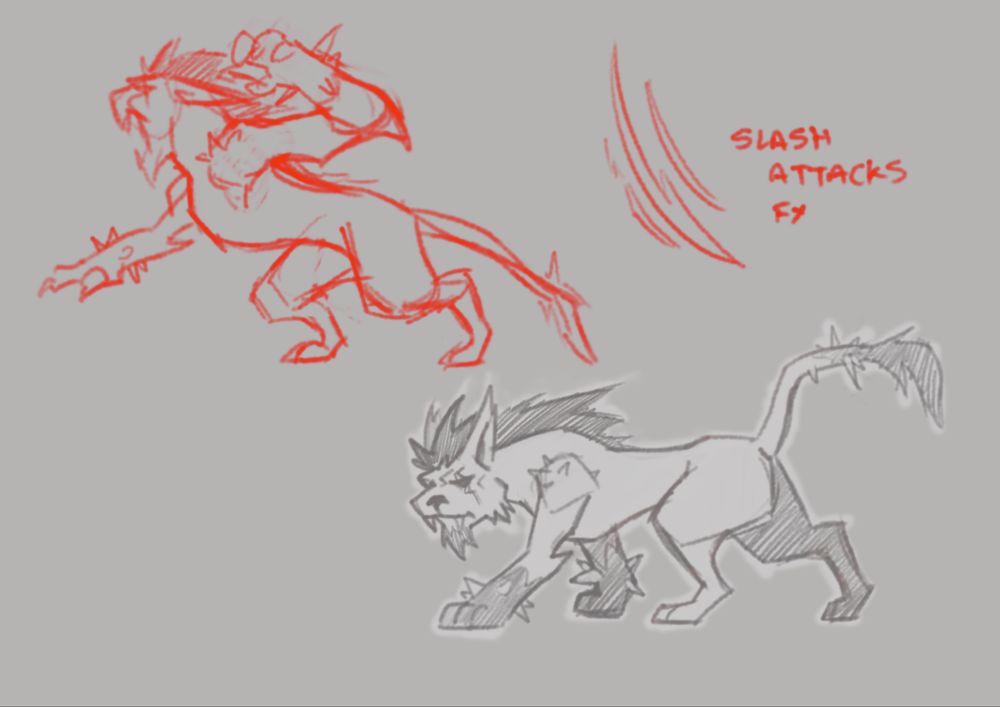 Red Pencil and Grey Pencil Sketches of stylized lion-like creature on blank background.