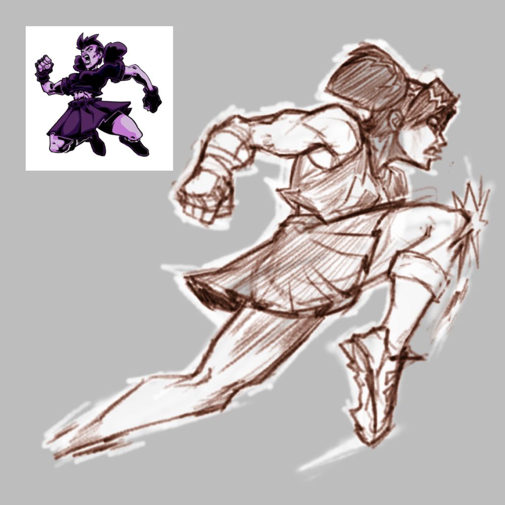 Digital pencil sketch of muscular, stylized comic book girl jumping through air with front knee raised in muay thai inspired flying knee pose.