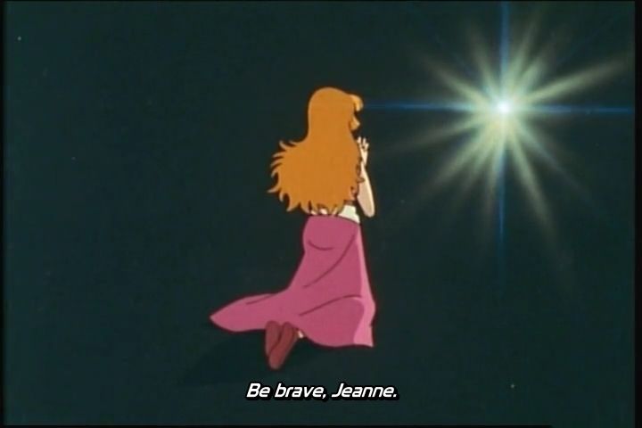 A set of screenshot from the late 70s robot anime Daikengo, featuring a girl praying at a distant star. She asks, "Dear God, please protect the people of El Sabela," and God responds, "Be brave, you will be saved by the Cosmic Devil, Daikengo."