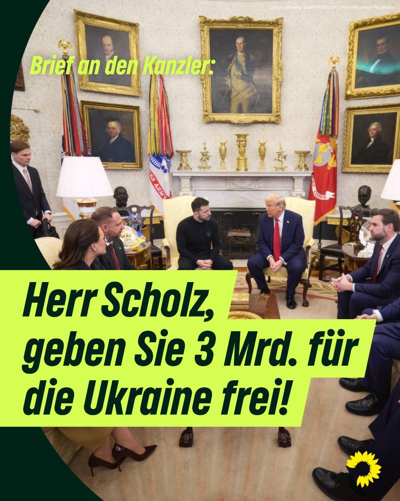 Eingebettet in das Design der Grünen Bundestagsfraktion zeigt das Sharepic ein Foto des Treffens zwischen US-Präsident Trump und dem ukrainischen Präsidenten Selenskyj vergangenen Freitag. Darüber der Text: „Brief an den Kanzler: Herr Scholz, geben Sie 3 Milliarden für die Ukraine frei!“. Rechts unten ist die gelbe Sonnenblume, das Logo der Grünen Bundestagsfraktion platziert.