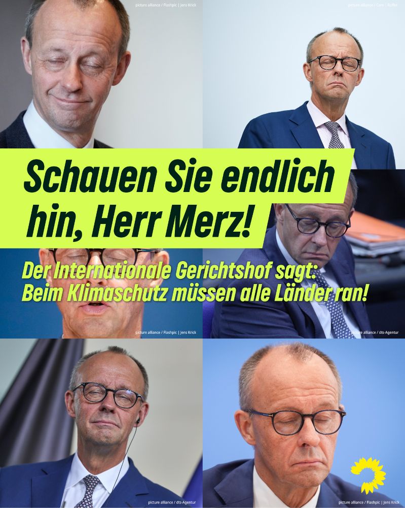 Auf dem Bild erkennt man 6 verschiedenen Bilder des Bundeskanzlers Friedrich Merz mit geschlossenen Augen. Darauf steht: „Schauen Sie endlich hin, Herr Merz! Der Internationale Gerichtshof sagt: Beim Klimaschutz müssen alle Länder ran!“