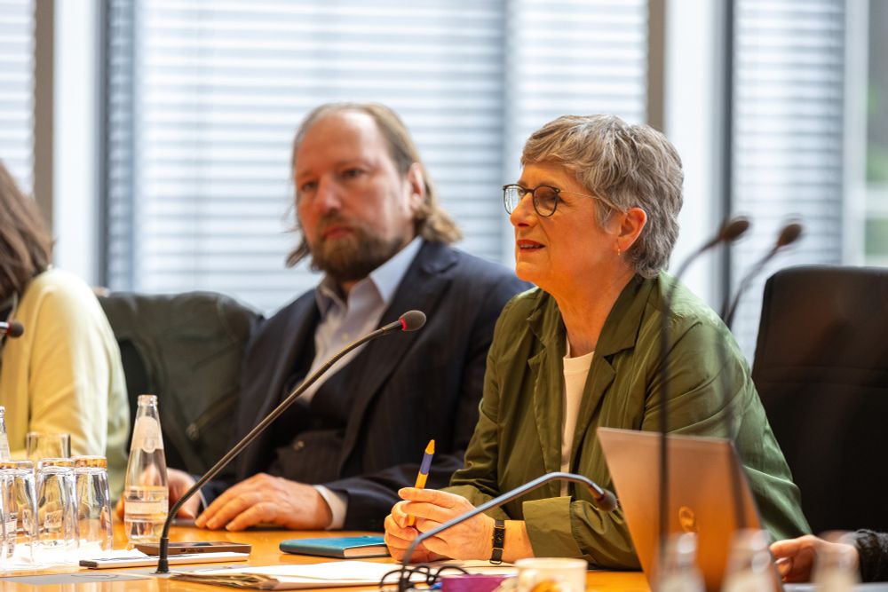 Britta Haßelmann und Anton Hofreiter sitzen in einem Sitzungssaal nebeneinander, vor Ihnen sind Tischmikrofone zu sehen.