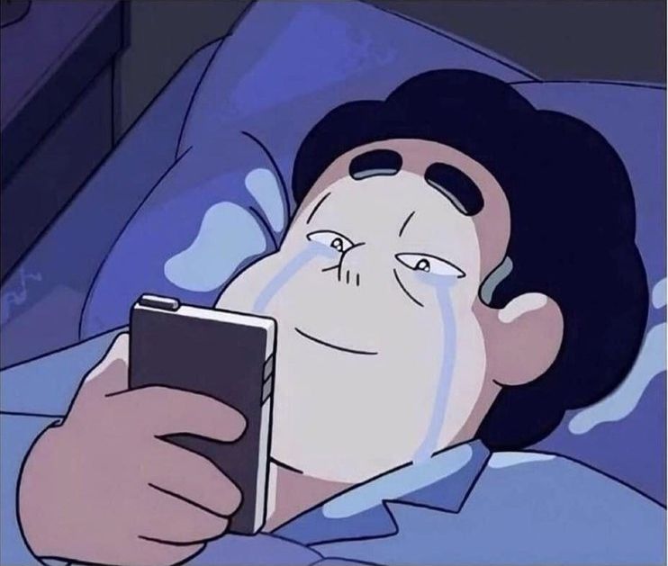 cartoon person lying in bed, in the dark, looking at phone screen, with tears streaming down their face