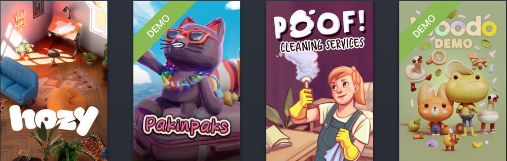 Game covers from left to right: Hozy, Pakinpaks, Poof! Cleaning Services, and Woodo