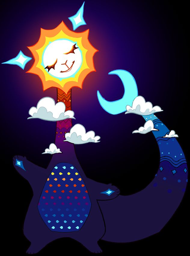 an oddly shaped creature with a sun head and moon tail.