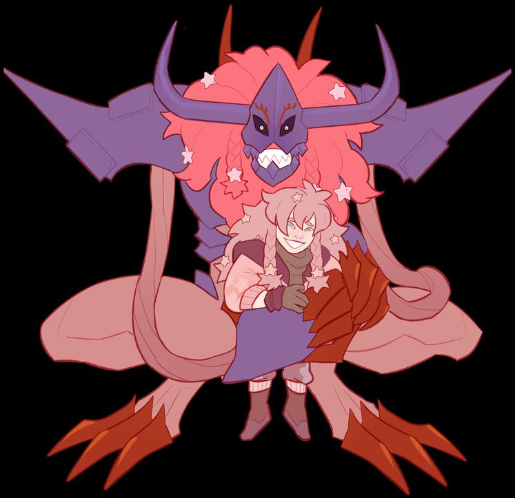 the same boy with pink hair being held by a pastel themed diaboromon.