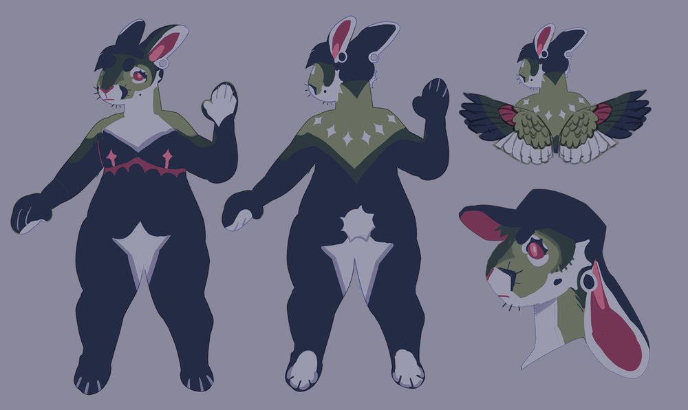 reference of a black, green, and red violet bunny