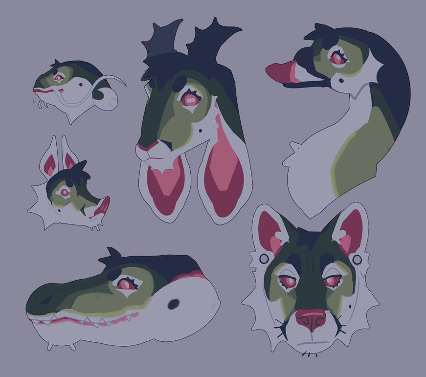 headshots that have the same pattern as the bunny, but are instead mapped to a fish, a boar, a crocodile, a goat, a goose, and a wolf.