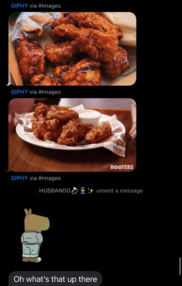 A text from HUSBANDO with 2 gifs of bbq wings