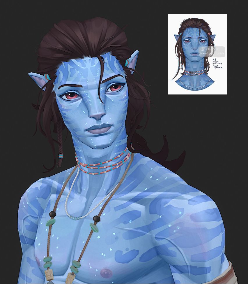 3d hand painted model of an avatar oc made from concept by @h0ndred.bsky.social