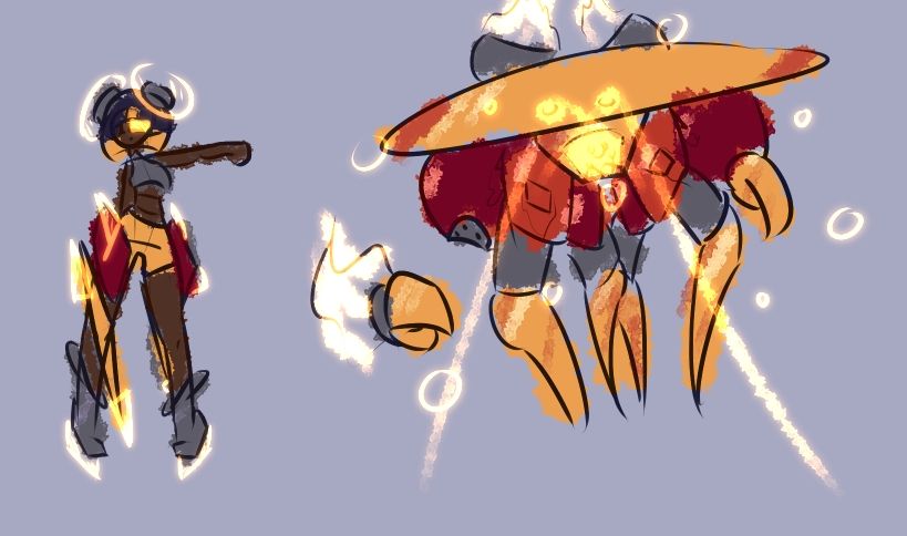 I never named this girl, but I really have to finalize her design. She's a black woman with some hologram skates and a huge crab-themed mech. Pretty sporty, loves her skating and machine piloting.