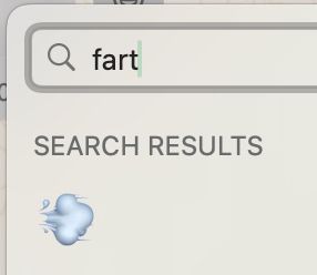 A screenshot of the emoji picker popup with the search term "fart", and the only result is the 💨 emoji