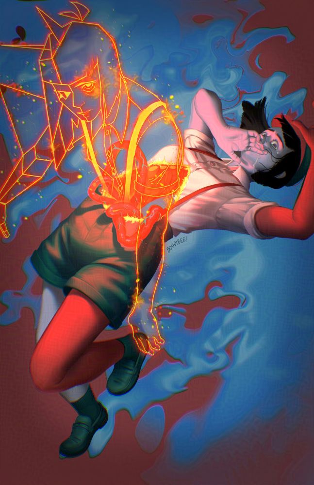 Digital painting of Ena from the end of Dream BBQ, with the red wireframe Ena coming out of her stomach. She's floating diagonally in the frame, leaning backward with a hand hiding her mouth. 