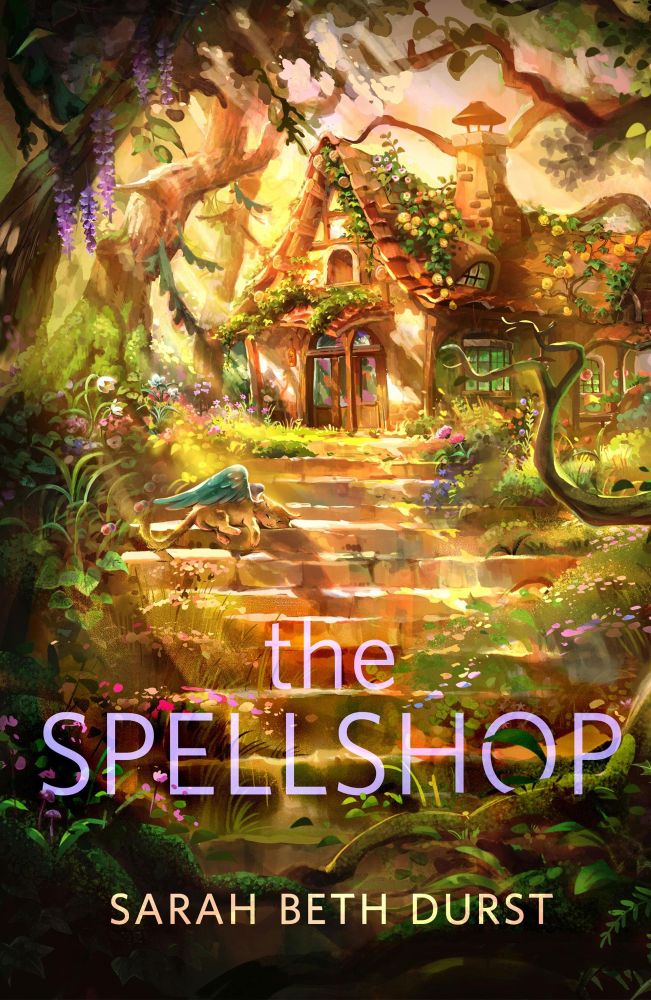 Cover of “The Spellshop” by Sarah Beth Durst. It features a heavily wooded scene with a cozy cottage slightly overgrown with flowering bushes and moss. There are steps leading up to the cottage with a winged cat laying on them, basking in the sun. 