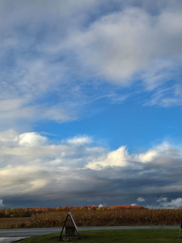 A photo of mostly sky, with puffy white clouds at the top and dark rain clouds at the bottom, and blue sky in patches.