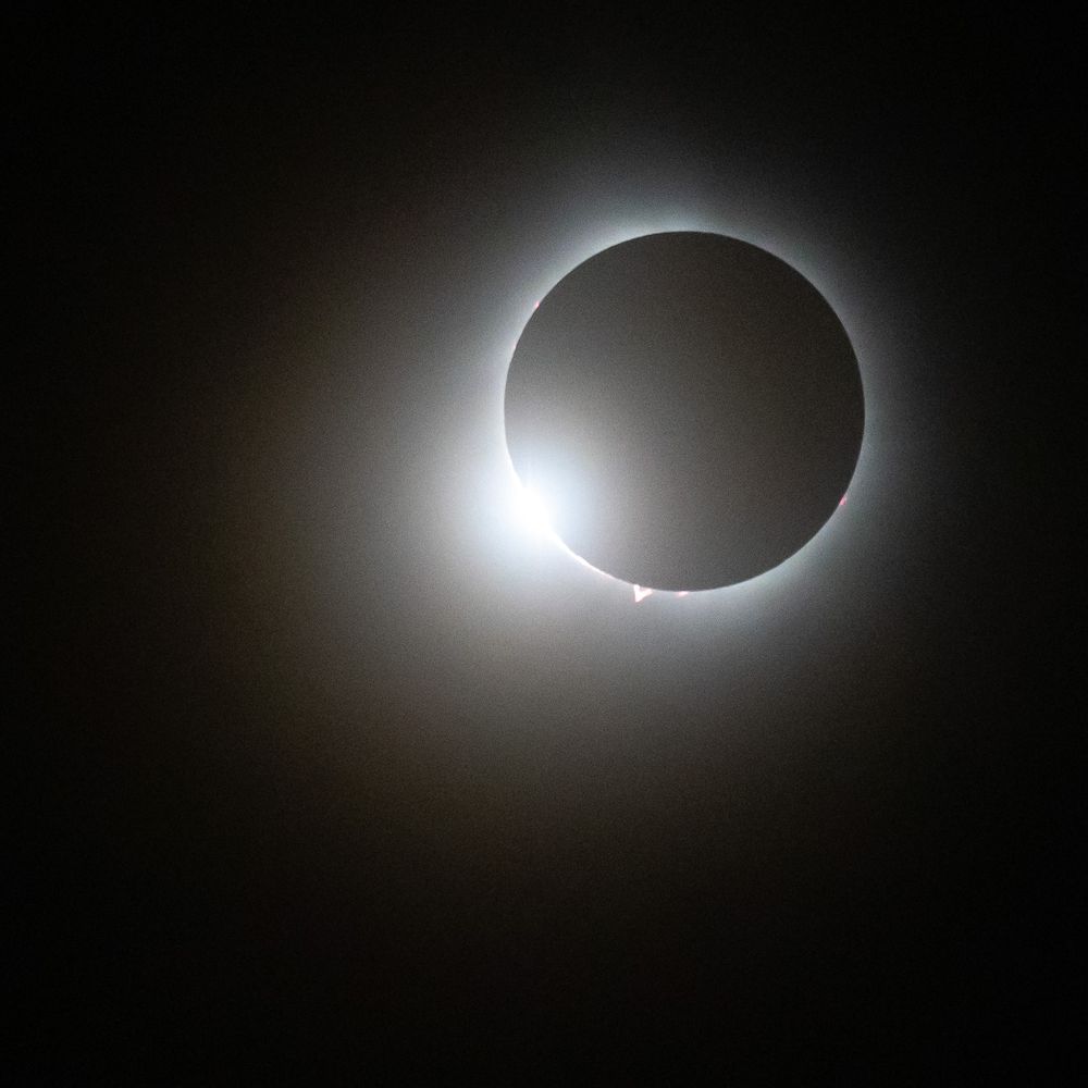 Solar eclipse at totality in Ohio.  Small flares can be seen around the edges - "solar prominences", says NASA.