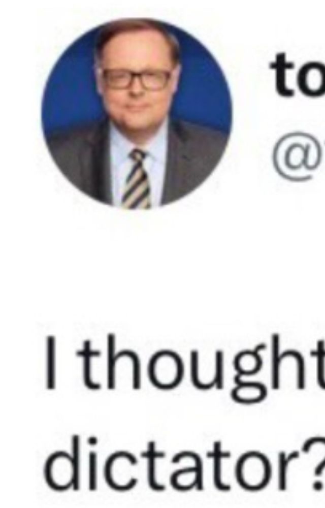 Closeup of the post showing his portrait next to his handle and the words from cutoff sentence below, "I thought dictator?"