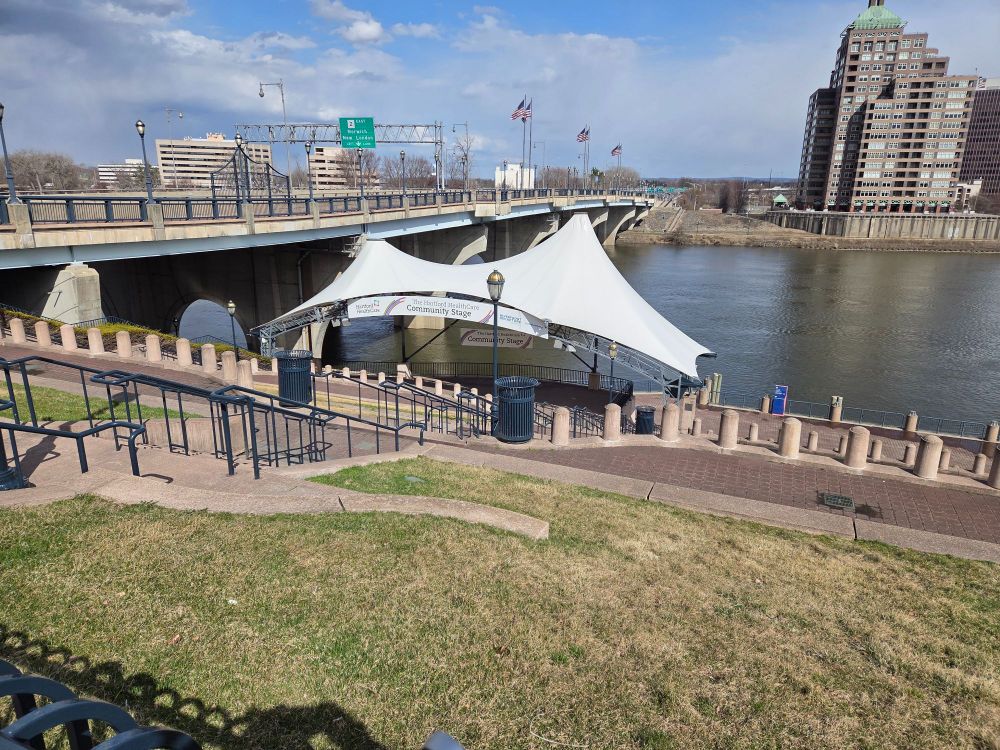 the ampitheater next to the river with lots of stairs and no good way to get down to the river with a bike or wheelchair.