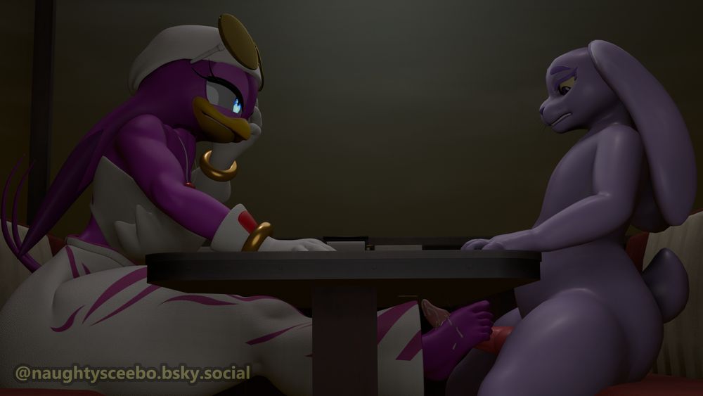 Wave the Swallow sitting across from Beebo at a diner booth. She has one hand on the table and one cupping her face as she smiles at Beebo and is shown giving them a footjob under the table with both feet. They look down nervously as she continues to jerk them off, despite them having already ejaculated onto her feet and the bottom of the table.