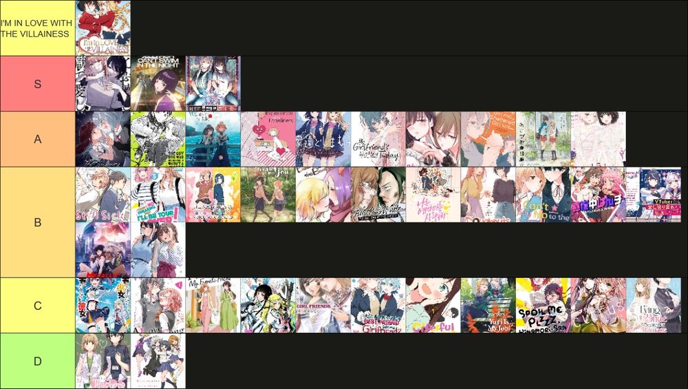 I'm in love with the villainess is top tier S tier: Destroy it all and love me in hell, Jellyfish cant swim in the night, otherside picnic A tier: the summer you were there, green yuri, this monster wants to eat me, my lesbian experience with loneliness, adachi to shimamura, my girlfriend is not here today, a face you shouldn't show, handsome girl and sheltetered girl, kase-san, i love your cruddy B tier: still sick, there's no freakin way ill be your lover unless, the many sides of voice actor radio, bloom into you, beauty and the beast girl, tough love at the office, I love Amy, doughnuts under a crescent moon, i cant say no to the lonely girl, mayonaka punch, vtuber legend, metallic rouge, did you really think my yuri was only for show C tier: the girl who wants to be a hero and the girl who ought to be a hero, whisper me a love song, i married my female best friend, rock is a lady's modesty, girl friends, how do i turn my best friend into my girlfriend, cheerful amnesia, yuri is my job, spoil me plzzz hinamori san, citrus, a lying bride and the same sex marriage debate D tier: our teachers are dating, ms vampire who lives in my neighborhood