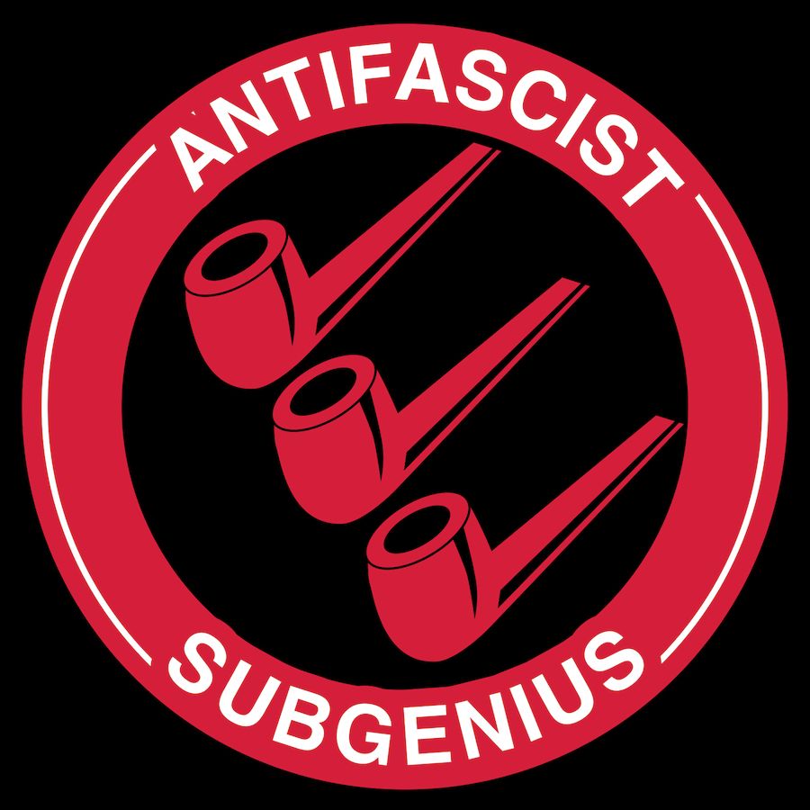 iron front logo ripoff utilizing three red smoking pipes instead of arrows with text surrounding that states "Antifascist" on top and "Subgenius" below, white on red border circle.