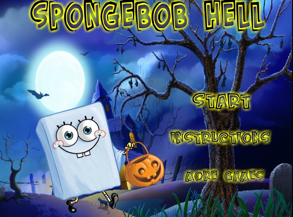 The title screen for a game called "SpongeBob Hell." Stock art depicting SpongeBob in a ghost costume holding a candy bucket is seen against a generic Halloween backdrop.