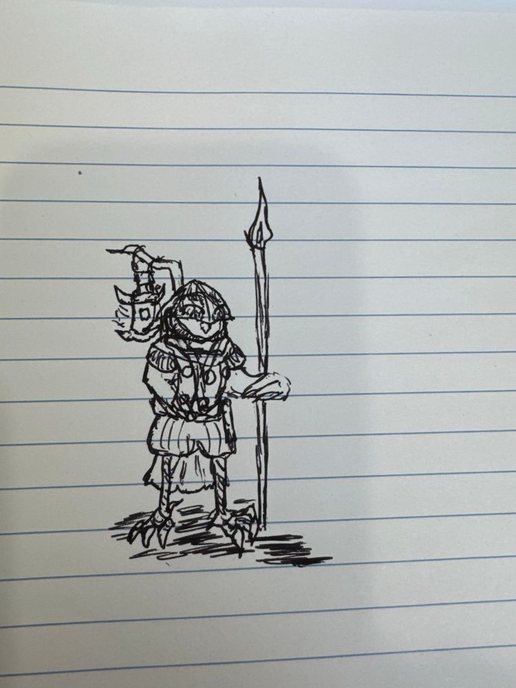 Doodle on notebook paper of an owl dressed in medieval armor, carrying a spear. He has a lantern strapped to his back, and stands pompously with his chest pushed out. 