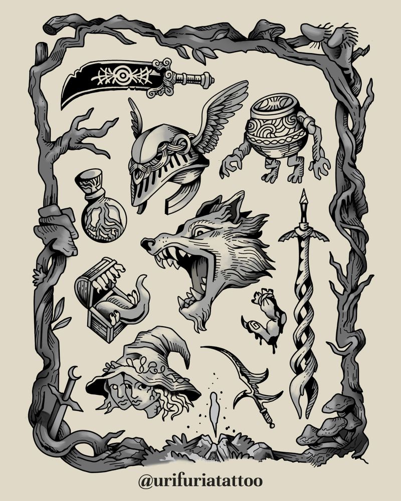 Hoja de dibujos de tatuajes flash en temática del videojuego Elden Ring
