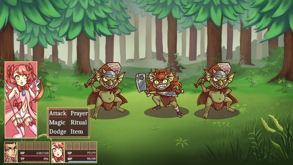 The party stares down three Goblins in a pine forest.