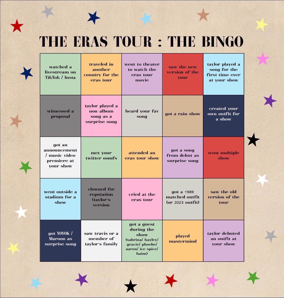 Eras tour bingo board with nothing checked off for someone to save and use themselves 