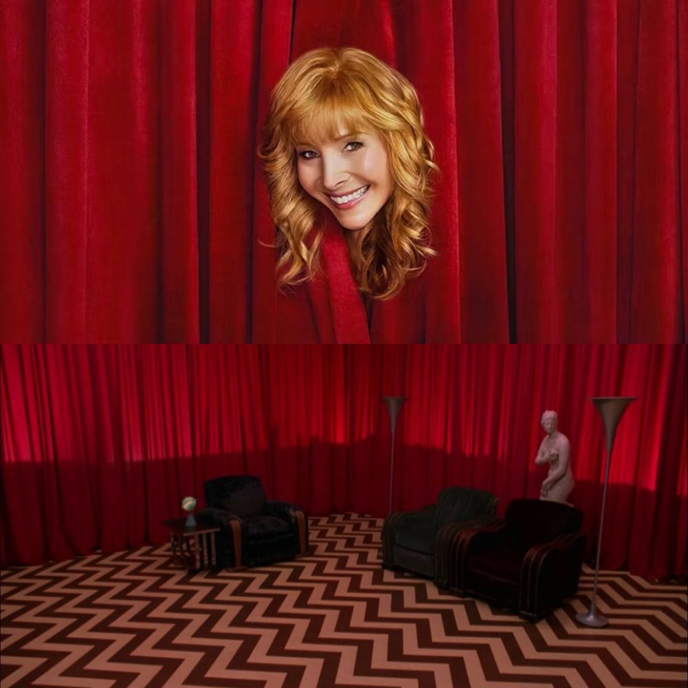 Valerie Cherish emerging from red curtains, the Black Lodge from Twin Peaks (red curtains, zig zag floor)