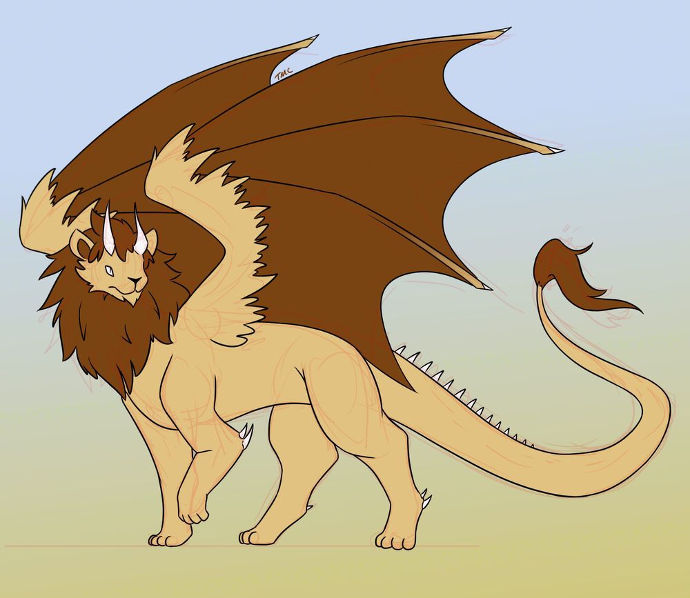 An illustration of a lion-like dragon, with golden fur and a dark brown mane and wings.