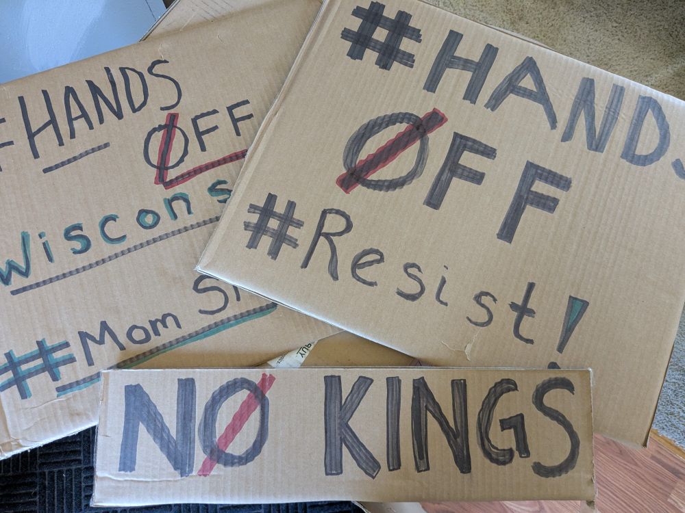 Several homemade protest signs stating "hands off" "no kings" "resist" #MomSky