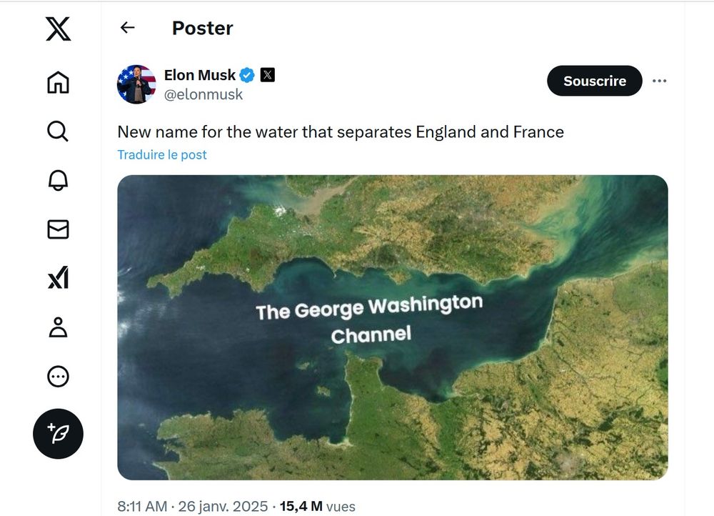Photo satellite du bras de mer entre la France et la Grande-Bretagne (Manche) qu'Elon Musk veut renommer "Canal George Washington"