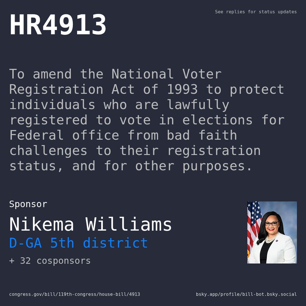 Description of HR4913, and a depiction of its sponsor, Nikema Williams.