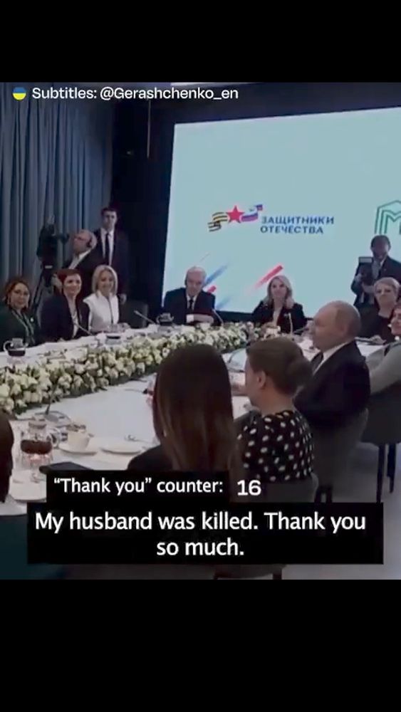 Screenshot of the above video. The still shows a frame with the subtitle "My husband was killed. Thank you so much."