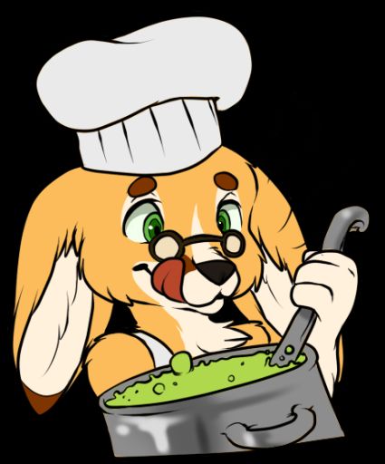 A fennec fox in a chef's toque stirring a large pot of green stew while licking his lips