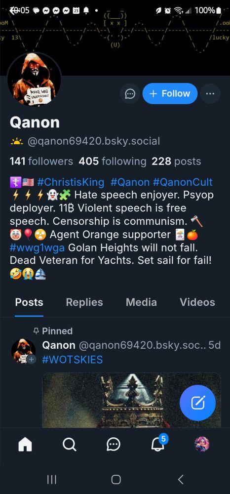 Screenshot of Qanon profile on Bluesky with a hate-filled profile description
