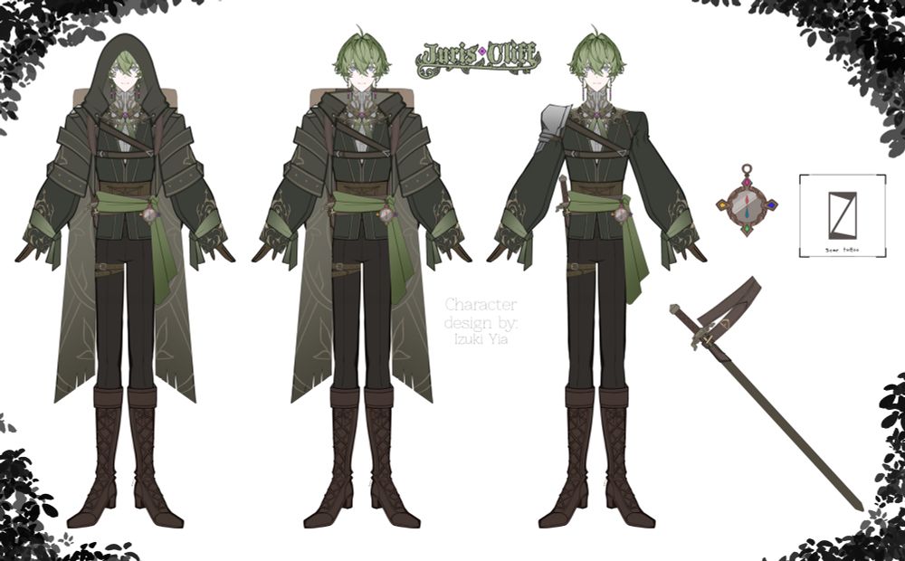 Reference sheet of Juris Cliff. A light greyish green haired young man with purple pale purple eyes. He wears a shirt with poofy sleeves. Green ties are around the waist and around the end of the sleeves. On the tie on the waist is a clock attached. He wears tight black pants and brown boots. Around his left thigh is a brown belt around. On the left shoulder he have a shoulder armor, which is attached with belts going around his chest. He wears long golden earrings and on his face, beneath his left eye is an square tattoo.