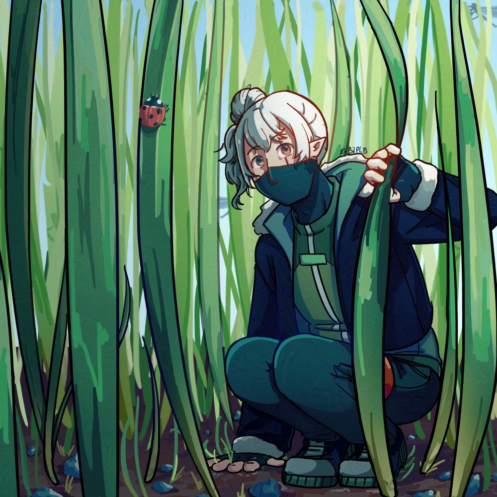 a drawing of etho. he is tiny by human standards and crouching among grass. on a grass blade next to him, there's a ladybug for scale. 