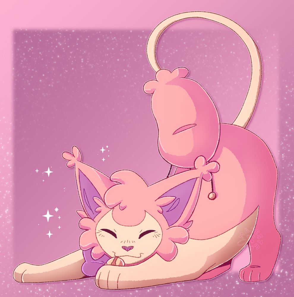 A skitty stretching playfully on a sparkly pink background. It's wearing a big pink bow with a bell on it.