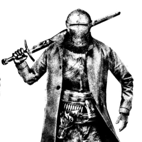 Black and white image of a sick as heck knight in a trenchcoat, holding a big sword on their shoulder. They're also reaching for the six-iron (revolver gun) on their belt. 