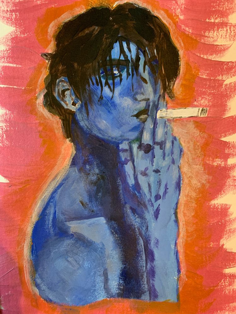 A blue man smoking a cigarette in front of an orange background, acrylic paint, a little messy