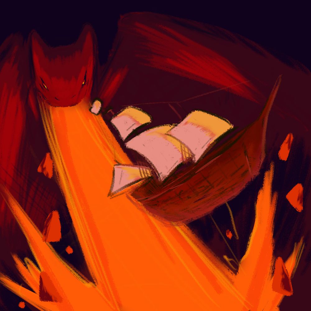 A digital drawing showing a great red dragon breathing a huge beam of fire towards a flying ship which narrowly dodges it.