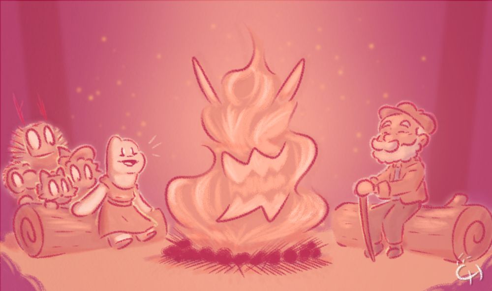 A digital drawing featuring my character Pebble on Spirits Day.
The drawing shows Pebble and other children listening to stories of spirits told by an elder man. They all sit on logs around a campfire, with a high fire and sort of form a spooky form on it. The stories frightens the children while Pebble admires the stories being told.